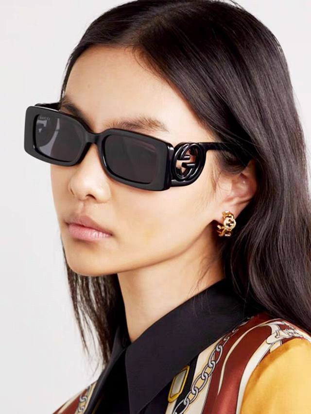 Gucci 古奇 倪妮同款 欧美潮款长方形框墨镜男女高级感个性环扣双g镂空设计前卫太阳镜