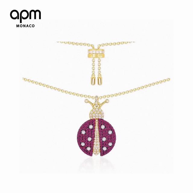 Apm Monaco红色瓢虫项链耳环套装女情侣吊坠时尚设计金黄色锁骨链饰品 项链。